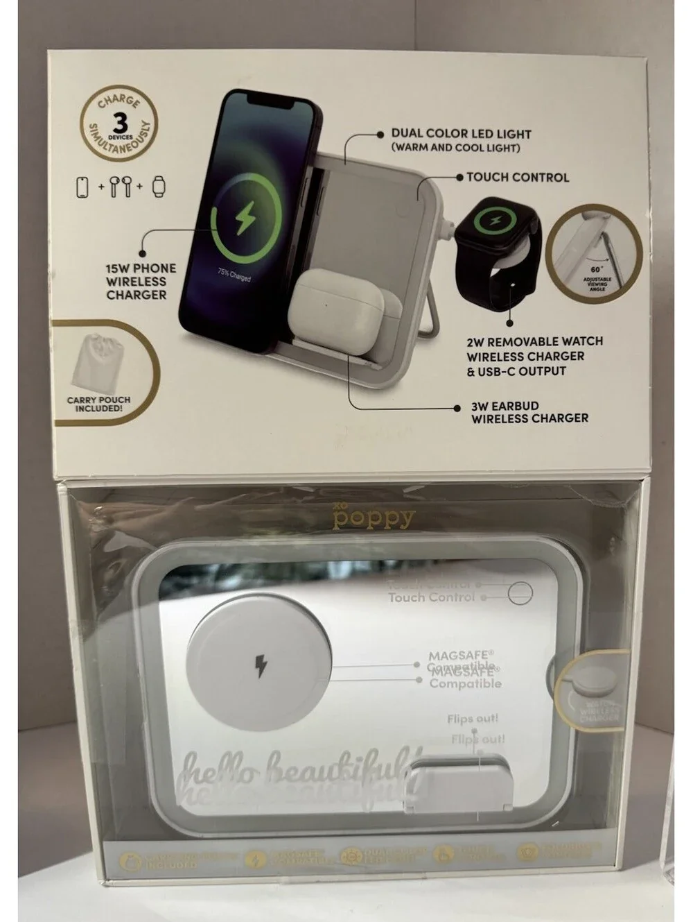XO Poppy 5in1 Mirror Dock MagSafe Wireless Charging Station w/ Vanity Mirror NWT